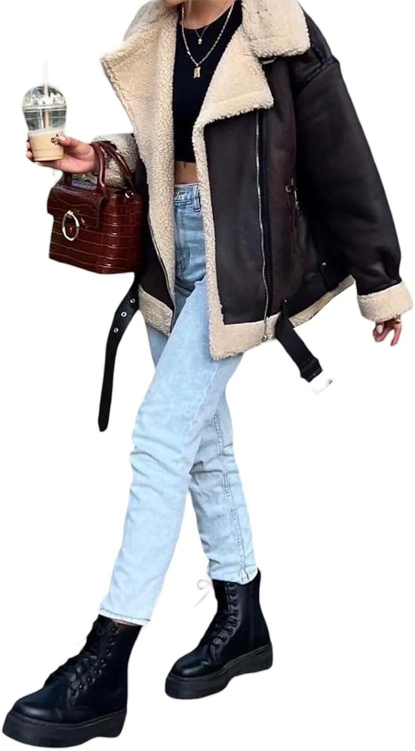 Women Faux Lamb Fur Leather Short Jacket Lapel Zipper Bomber Outwear Faux Suede Coat Warm Biker Motor Aviator Coat
