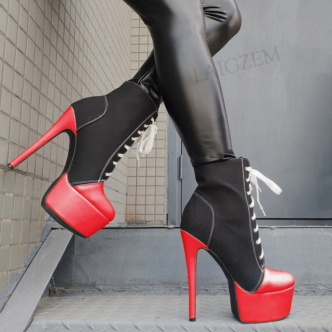 Women Platform Booties Canvas Lace Up High Heels