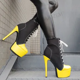 Women Platform Booties Canvas Lace Up High Heels