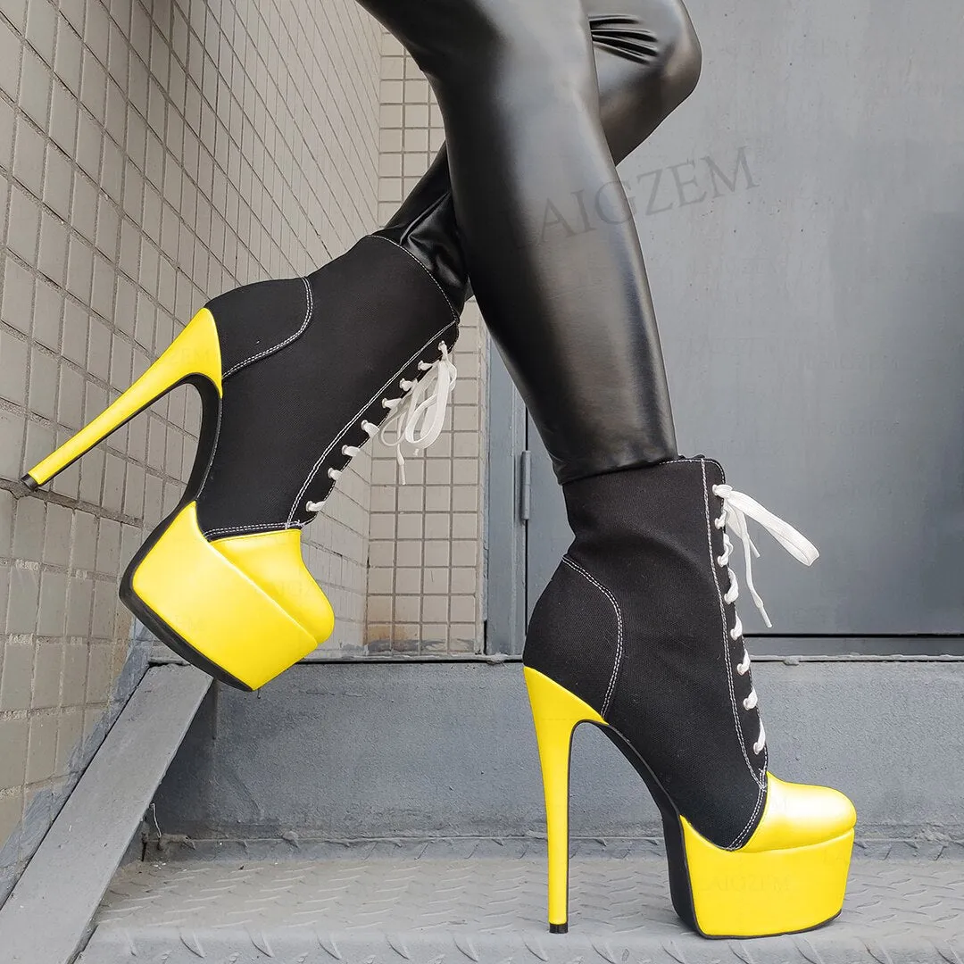 Women Platform Booties Canvas Lace Up High Heels