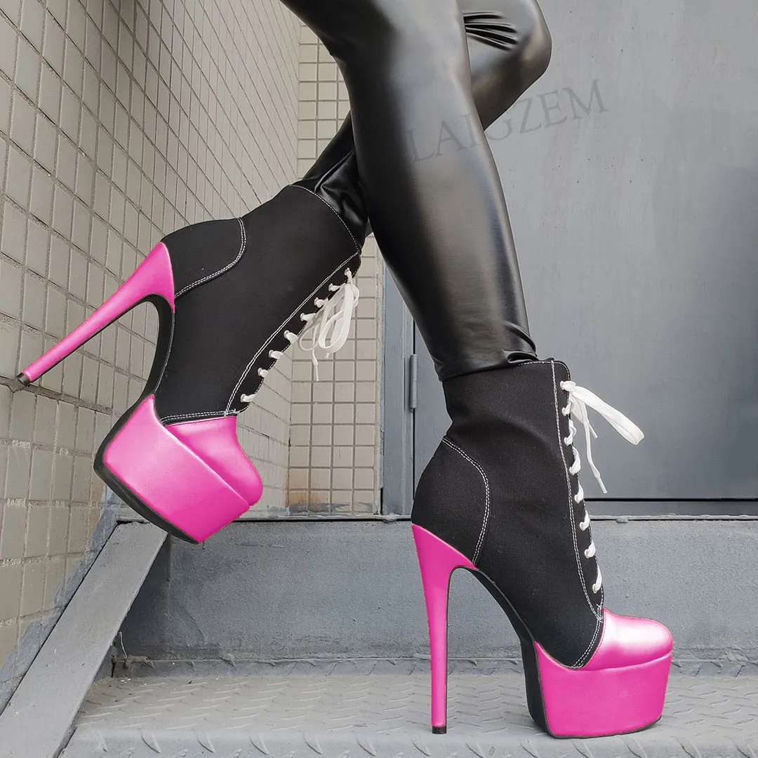 Women Platform Booties Canvas Lace Up High Heels