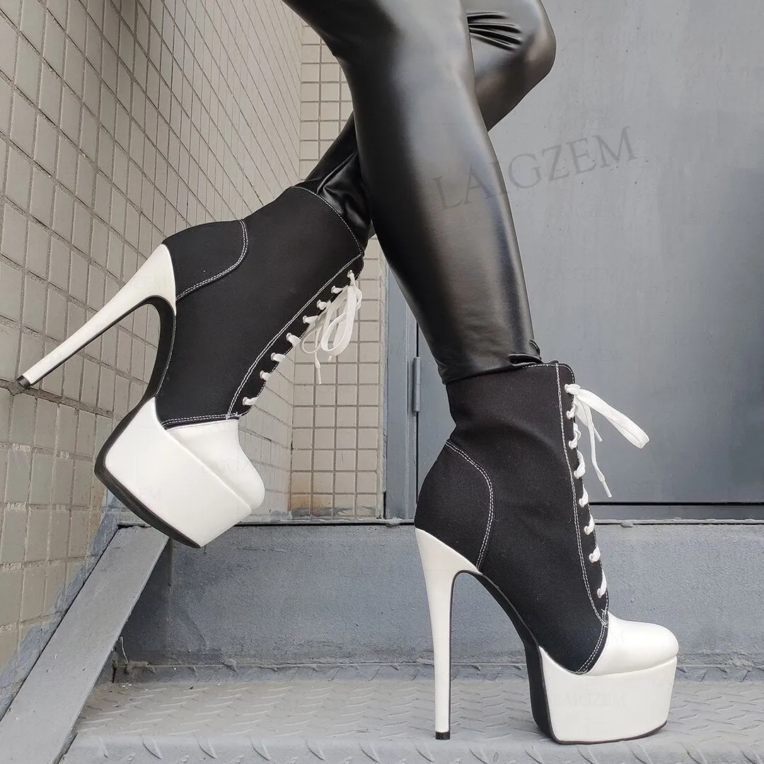 Women Platform Booties Canvas Lace Up High Heels