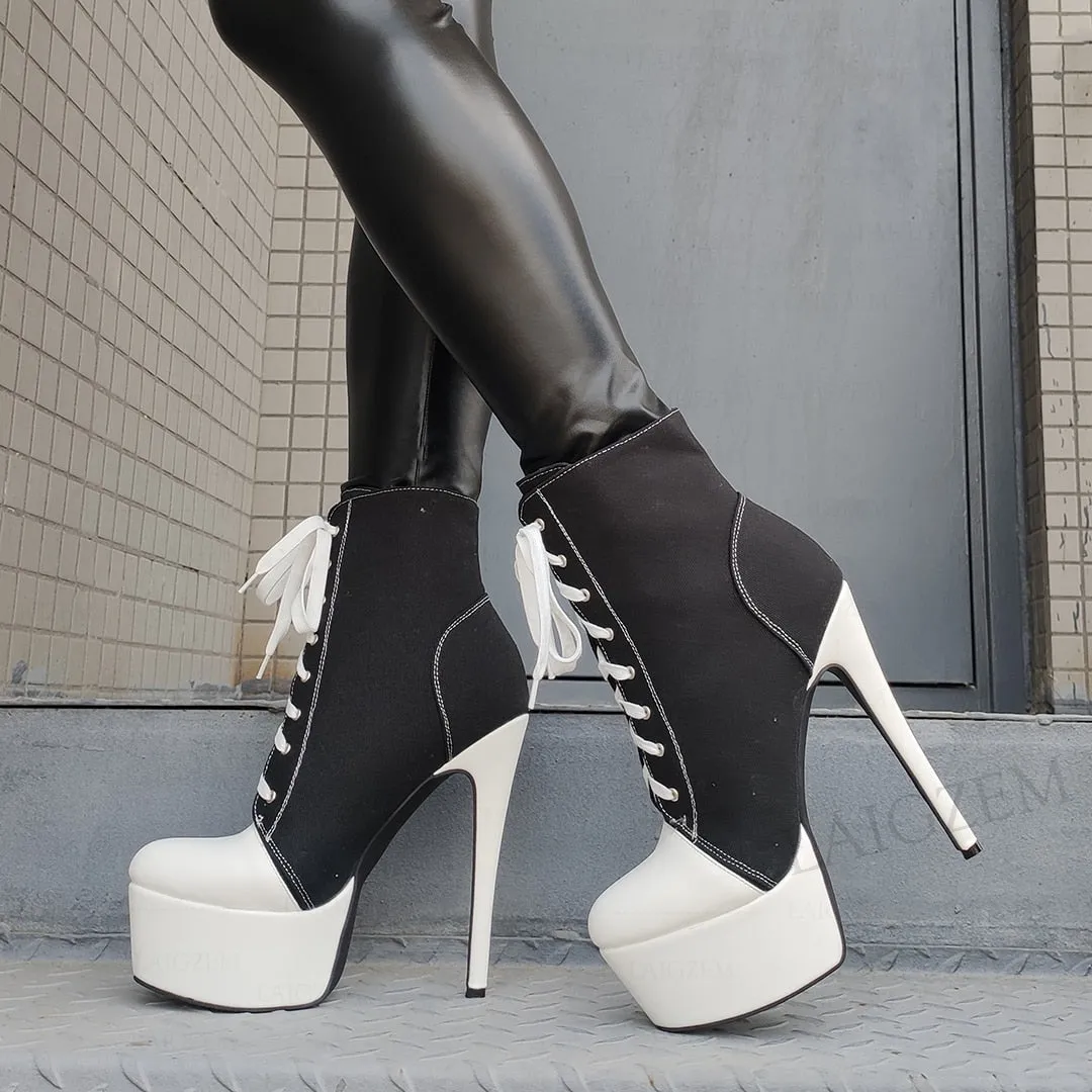 Women Platform Booties Canvas Lace Up High Heels