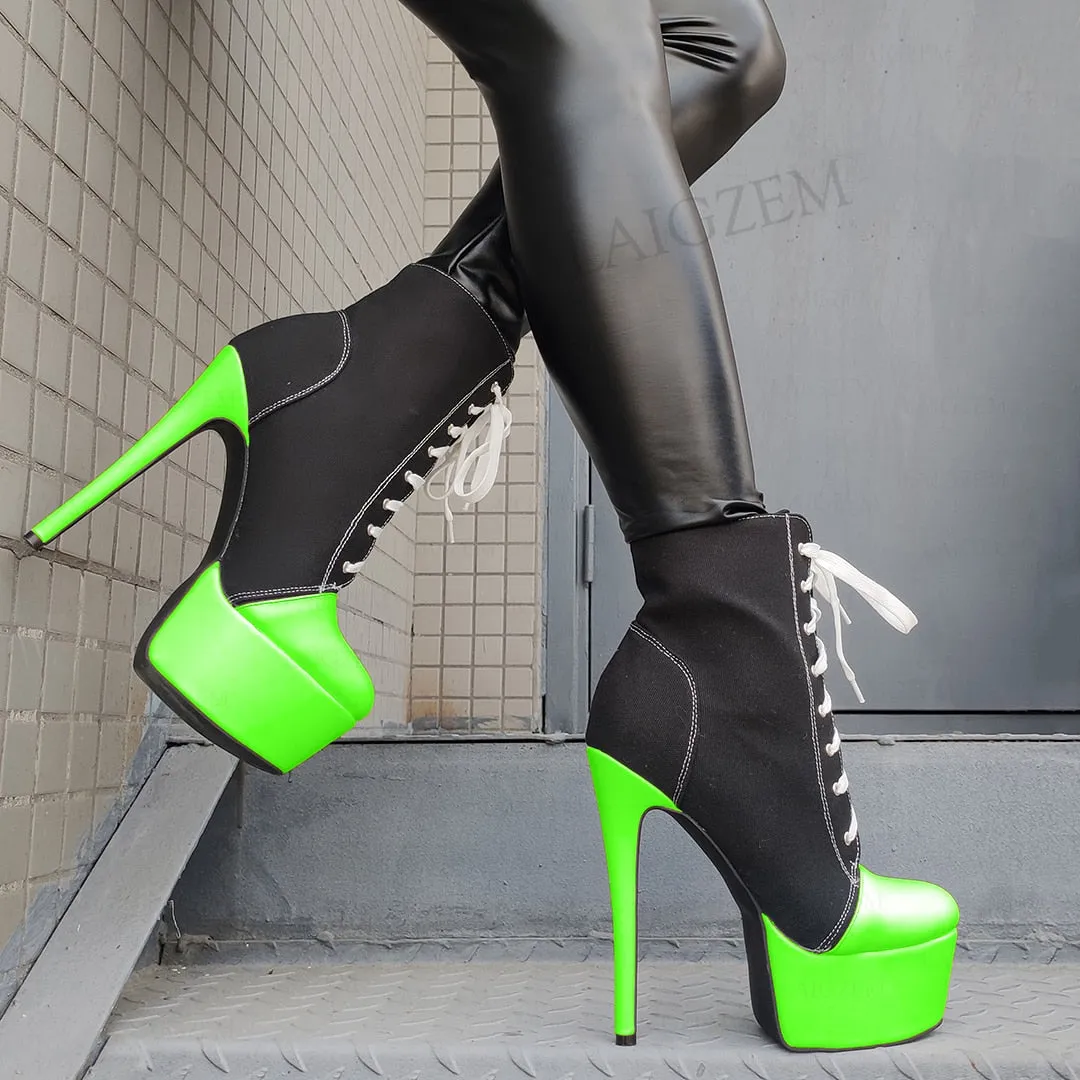 Women Platform Booties Canvas Lace Up High Heels