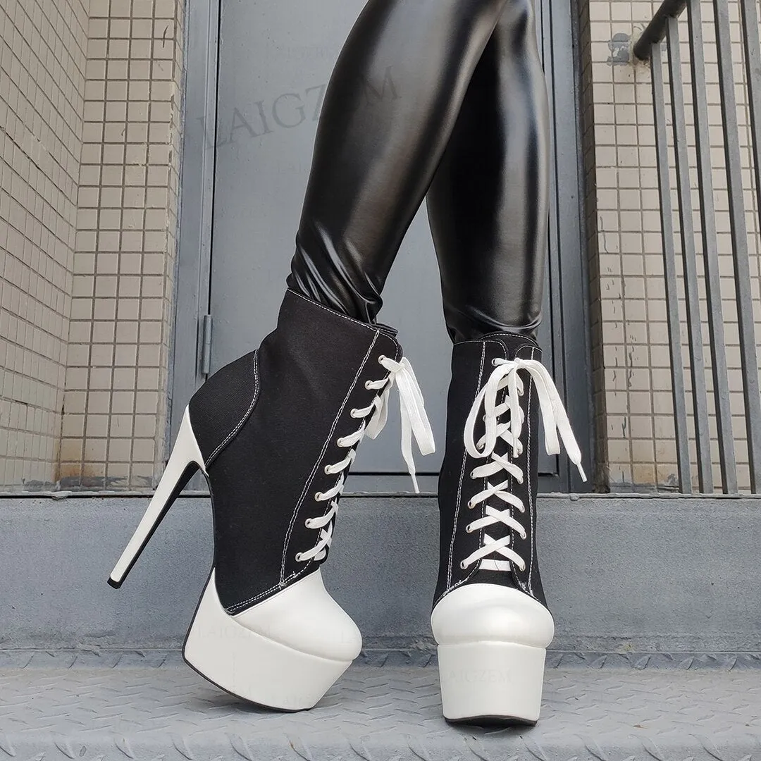 Women Platform Booties Canvas Lace Up High Heels