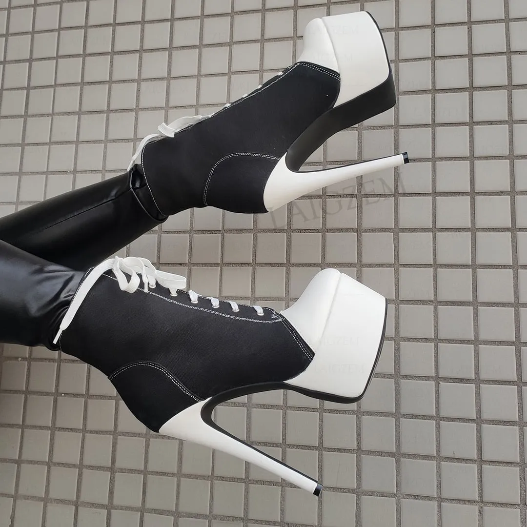 Women Platform Booties Canvas Lace Up High Heels