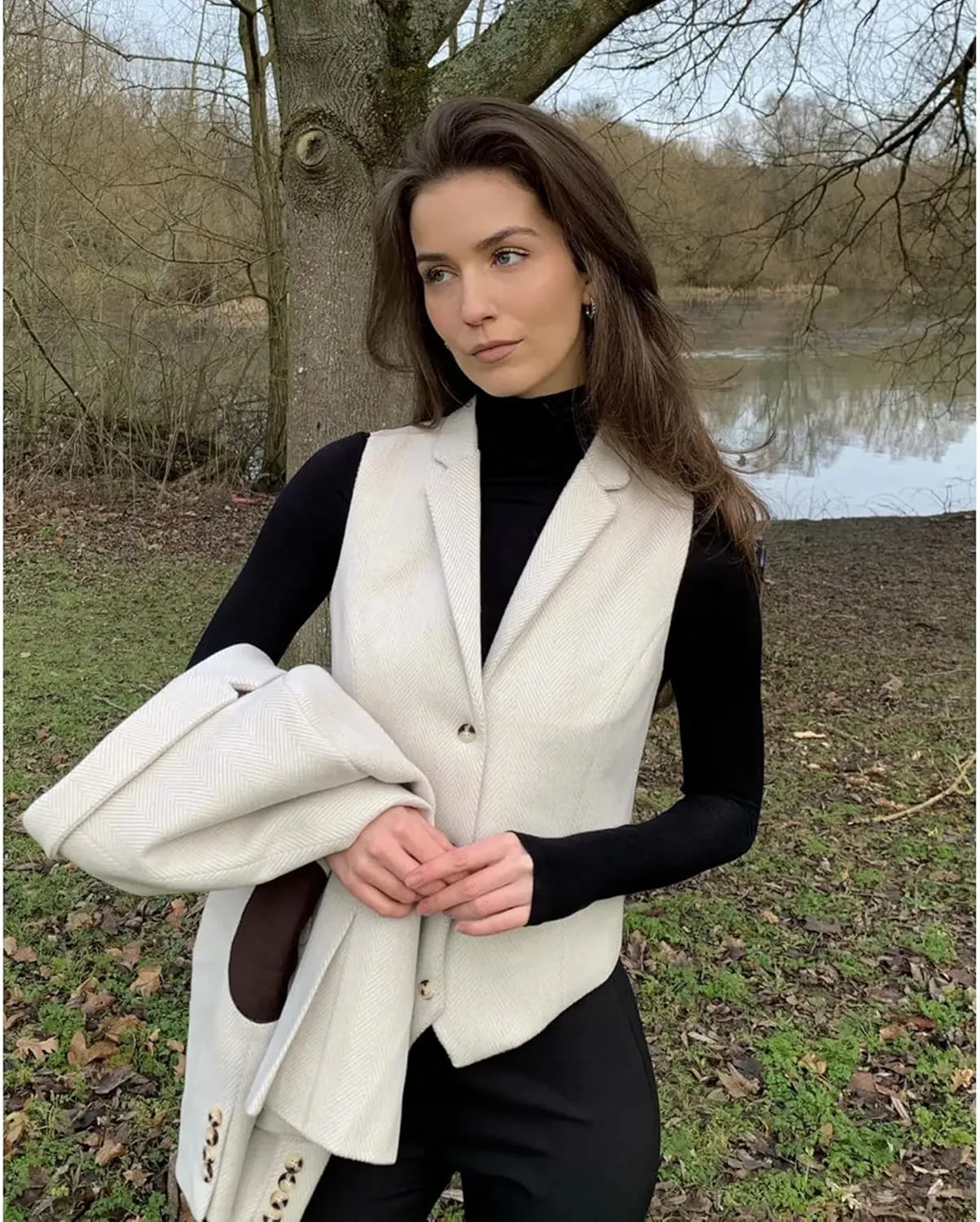 Women's 2 Piece Set Tweed Blazer Waistcoat Herringbone Check