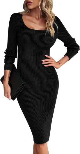 Women's Fall Long Sleeve Sweater Dress Square Neck Side Bodycon Ribbed Knit Slim Fit Dress Business Casual Outfits