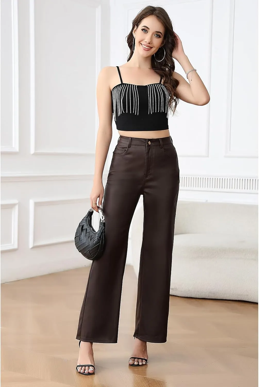 Women's Faux Leather Pants Wide-Leg Loose Flared Black Leather Pants Baggy Trousers with Buttons Pockets