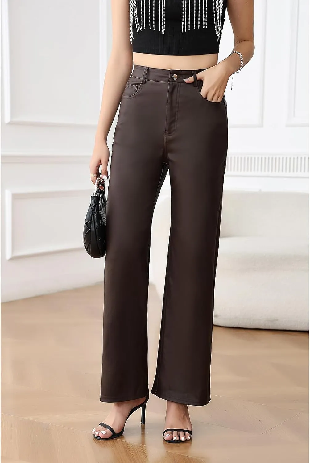 Women's Faux Leather Pants Wide-Leg Loose Flared Black Leather Pants Baggy Trousers with Buttons Pockets