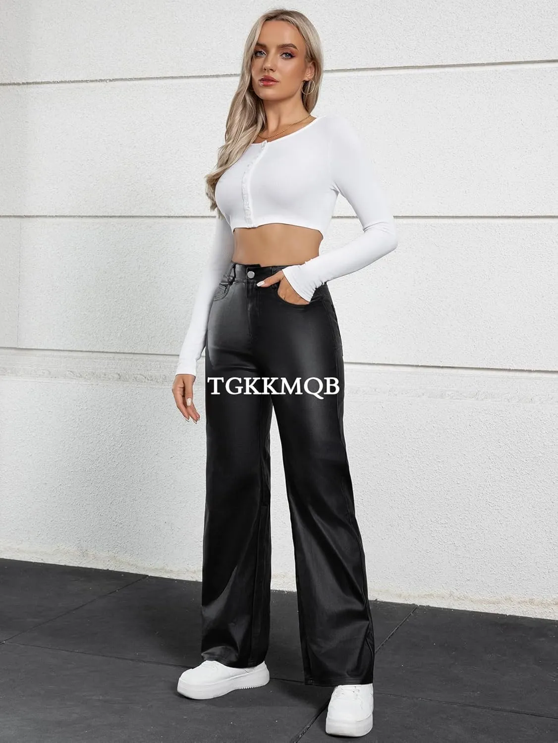 Women's Faux Leather Pants Wide-Leg Loose Flared Black Leather Pants Baggy Trousers with Buttons Pockets