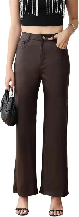 Women's Faux Leather Pants Wide-Leg Loose Flared Black Leather Pants Baggy Trousers with Buttons Pockets