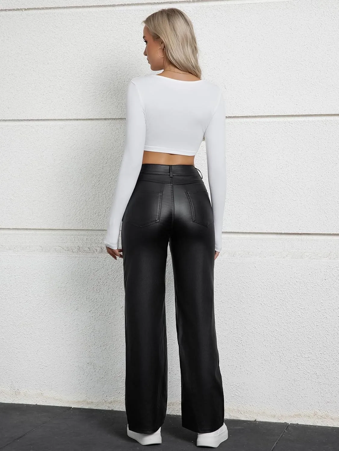 Women's Faux Leather Pants Wide-Leg Loose Flared Black Leather Pants Baggy Trousers with Buttons Pockets