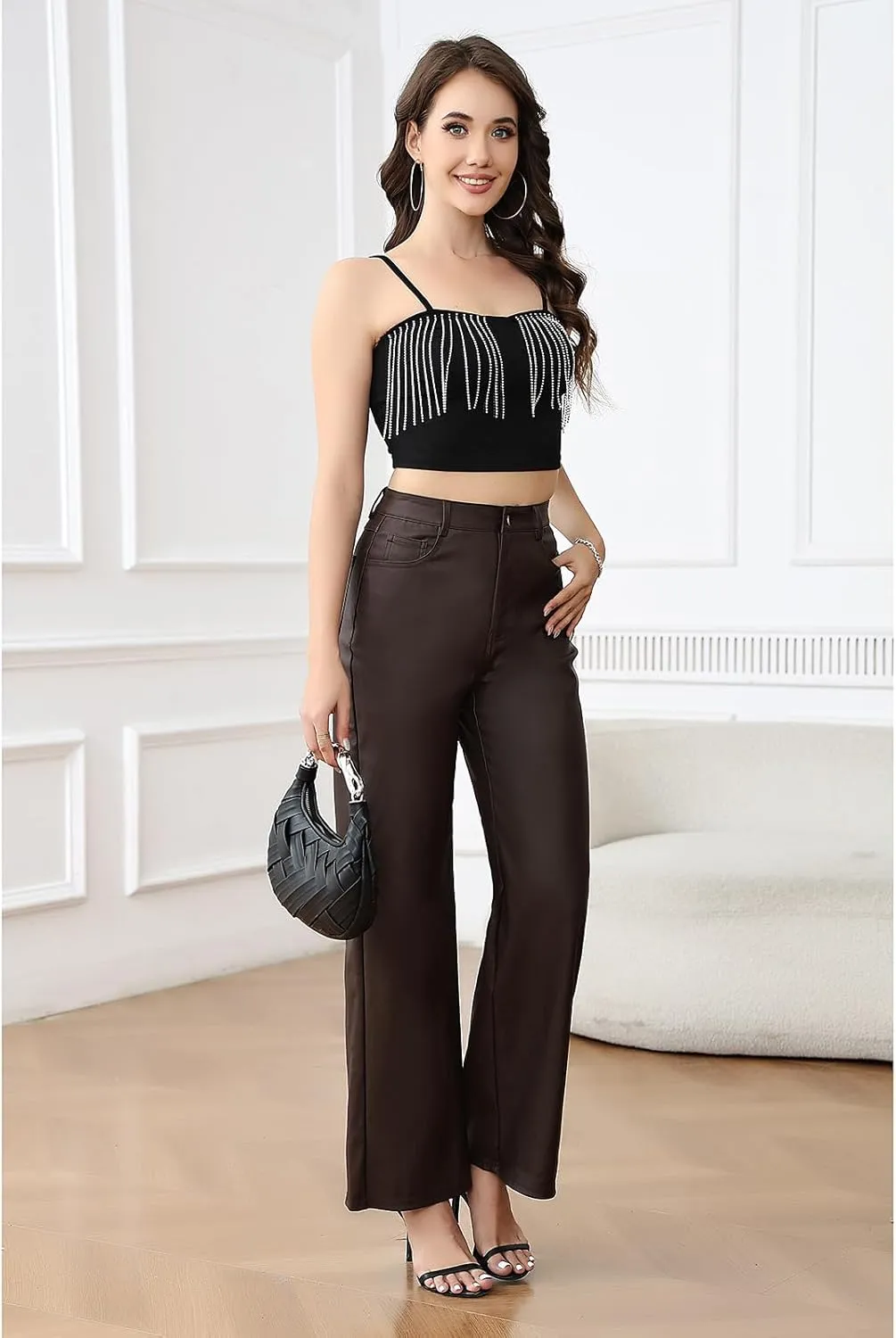 Women's Faux Leather Pants Wide-Leg Loose Flared Black Leather Pants Baggy Trousers with Buttons Pockets