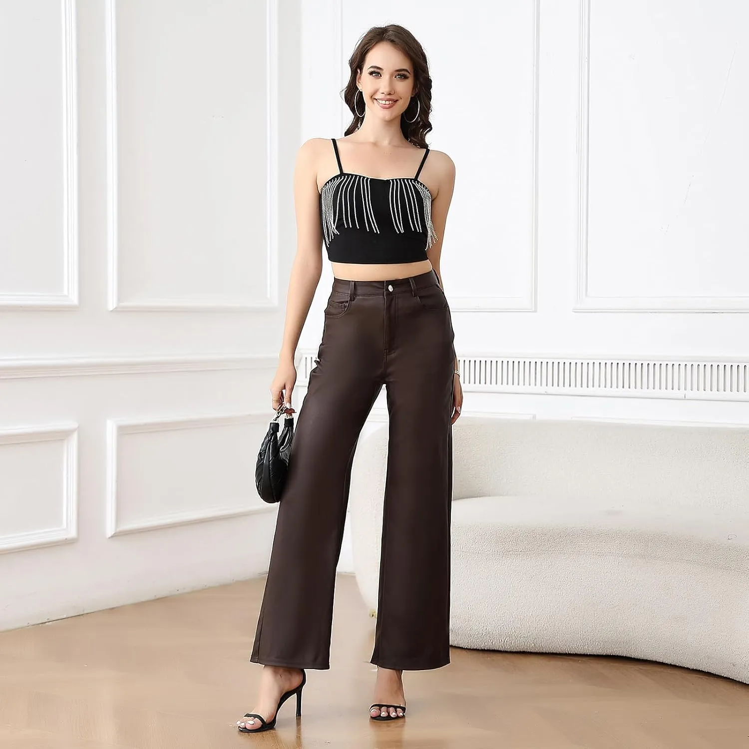 Women's Faux Leather Pants Wide-Leg Loose Flared Black Leather Pants Baggy Trousers with Buttons Pockets