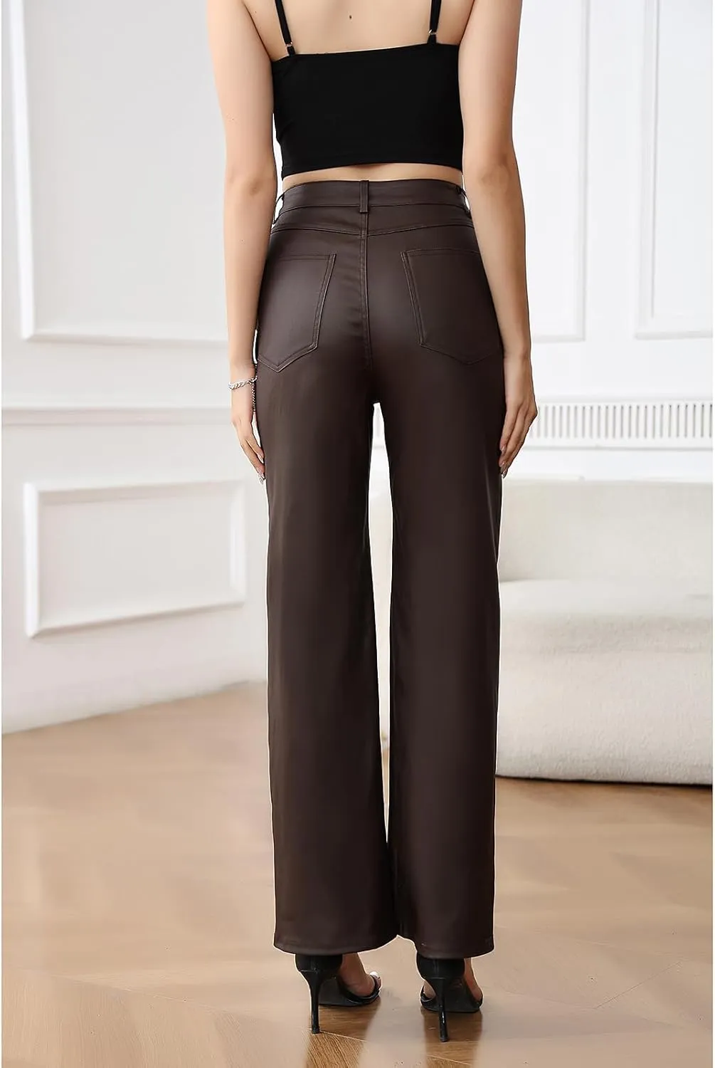 Women's Faux Leather Pants Wide-Leg Loose Flared Black Leather Pants Baggy Trousers with Buttons Pockets
