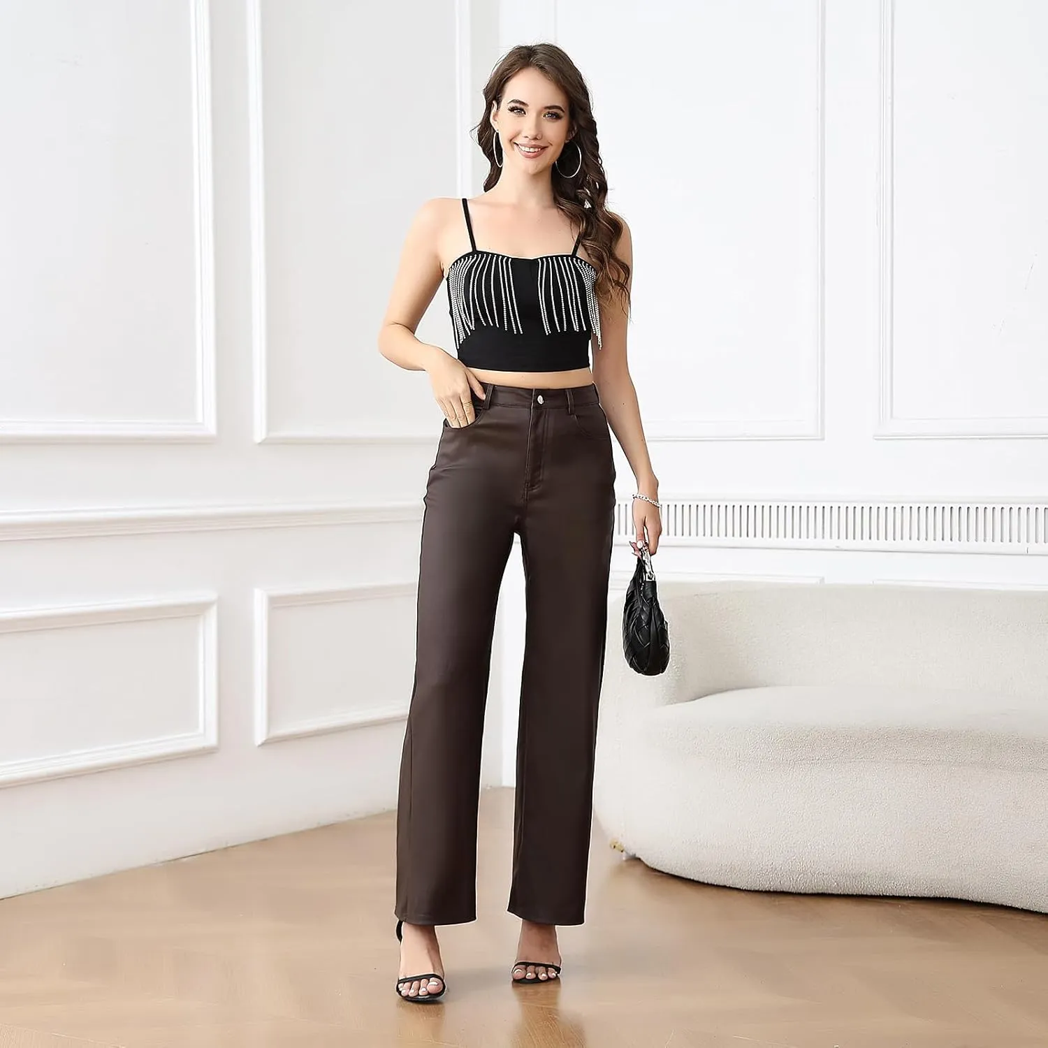 Women's Faux Leather Pants Wide-Leg Loose Flared Black Leather Pants Baggy Trousers with Buttons Pockets