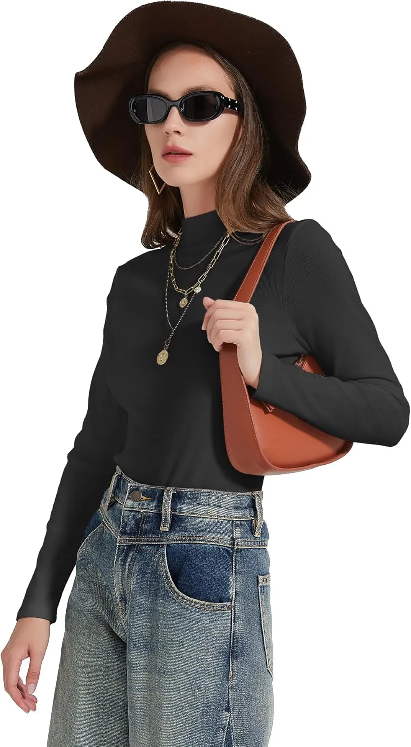Womens Mock Neck Long Sleeve Shirts Fall Tops Basic Tees 2024 Trendy T-Shirt Undershirt
