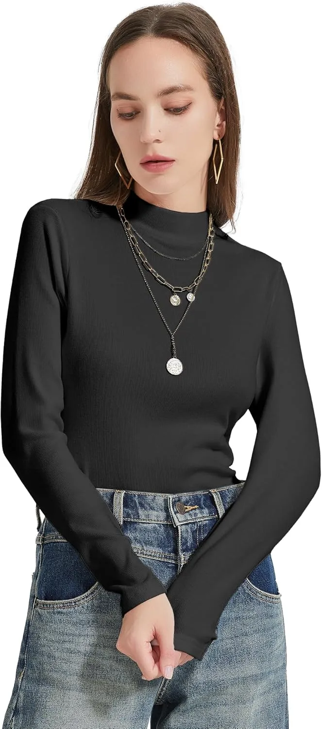 Womens Mock Neck Long Sleeve Shirts Fall Tops Basic Tees 2024 Trendy T-Shirt Undershirt