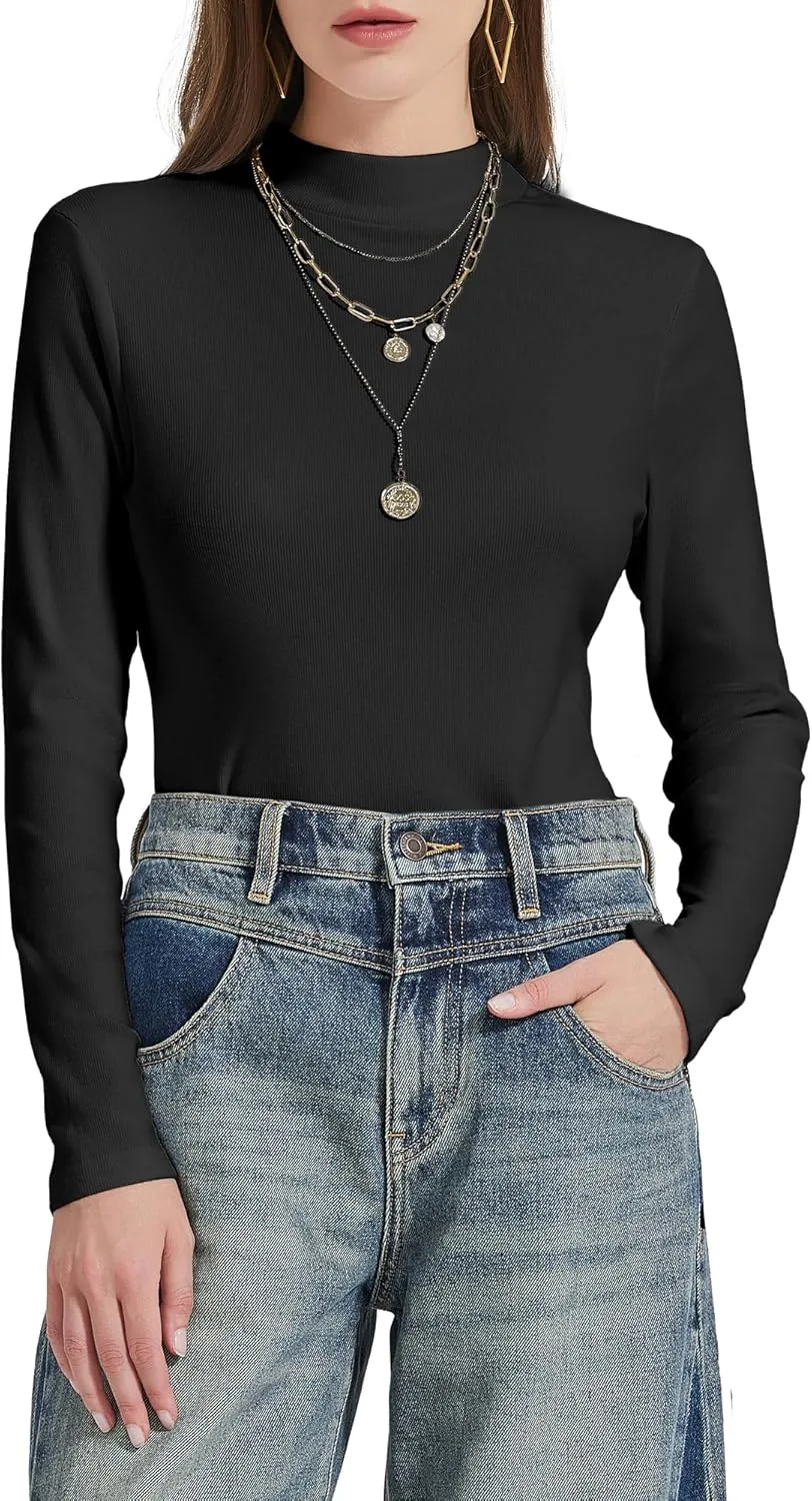 Womens Mock Neck Long Sleeve Shirts Fall Tops Basic Tees 2024 Trendy T-Shirt Undershirt