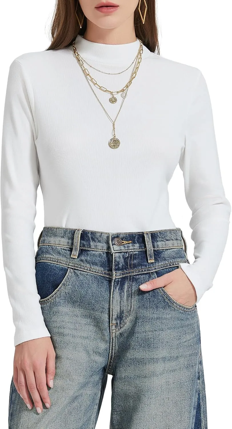 Womens Mock Neck Long Sleeve Shirts Fall Tops Basic Tees 2024 Trendy T-Shirt Undershirt