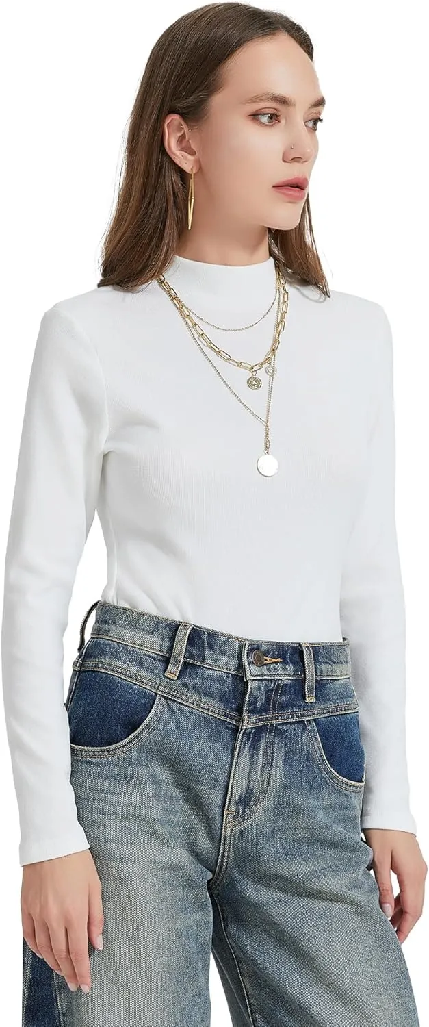 Womens Mock Neck Long Sleeve Shirts Fall Tops Basic Tees 2024 Trendy T-Shirt Undershirt