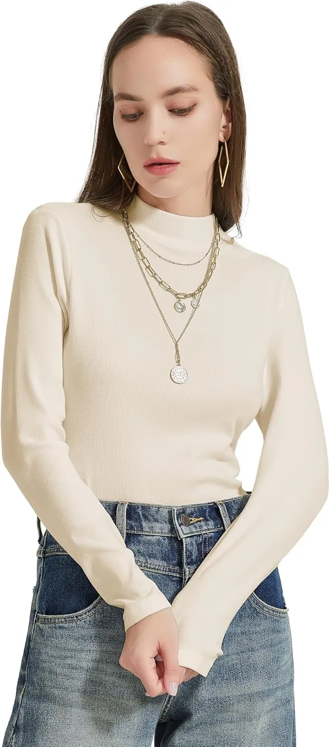 Womens Mock Neck Long Sleeve Shirts Fall Tops Basic Tees 2024 Trendy T-Shirt Undershirt