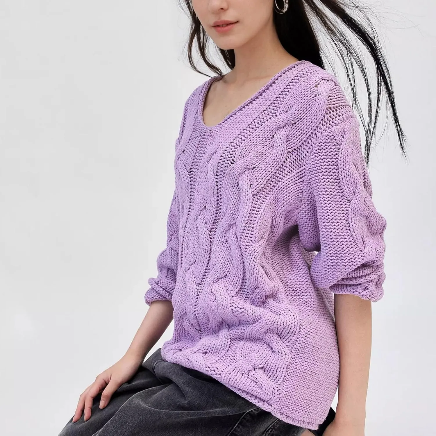 Womens Oversized Sweater Slouchy Wide V Neck Pullover Sweater Casual Long Sleeve Cable Knit Chunky Sweaters Tops