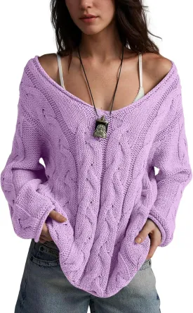 Womens Oversized Sweater Slouchy Wide V Neck Pullover Sweater Casual Long Sleeve Cable Knit Chunky Sweaters Tops