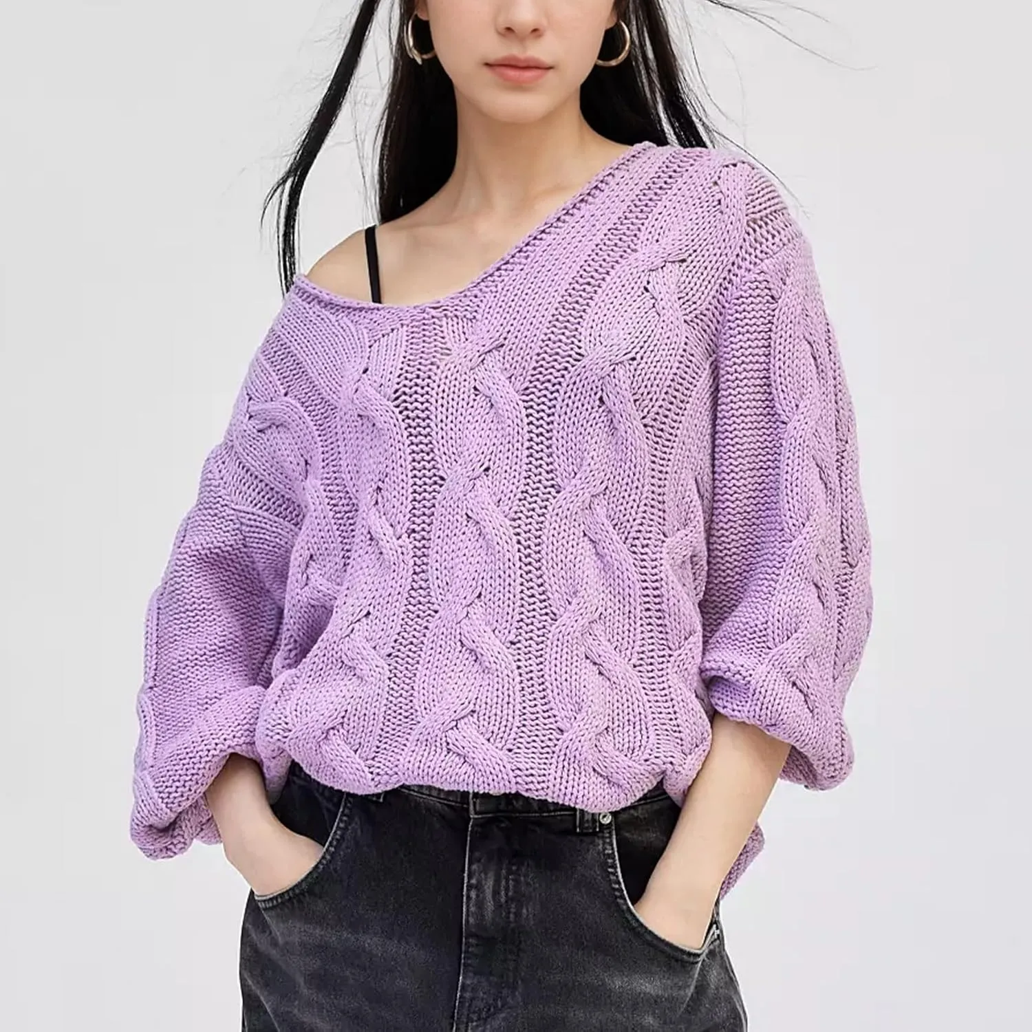Womens Oversized Sweater Slouchy Wide V Neck Pullover Sweater Casual Long Sleeve Cable Knit Chunky Sweaters Tops
