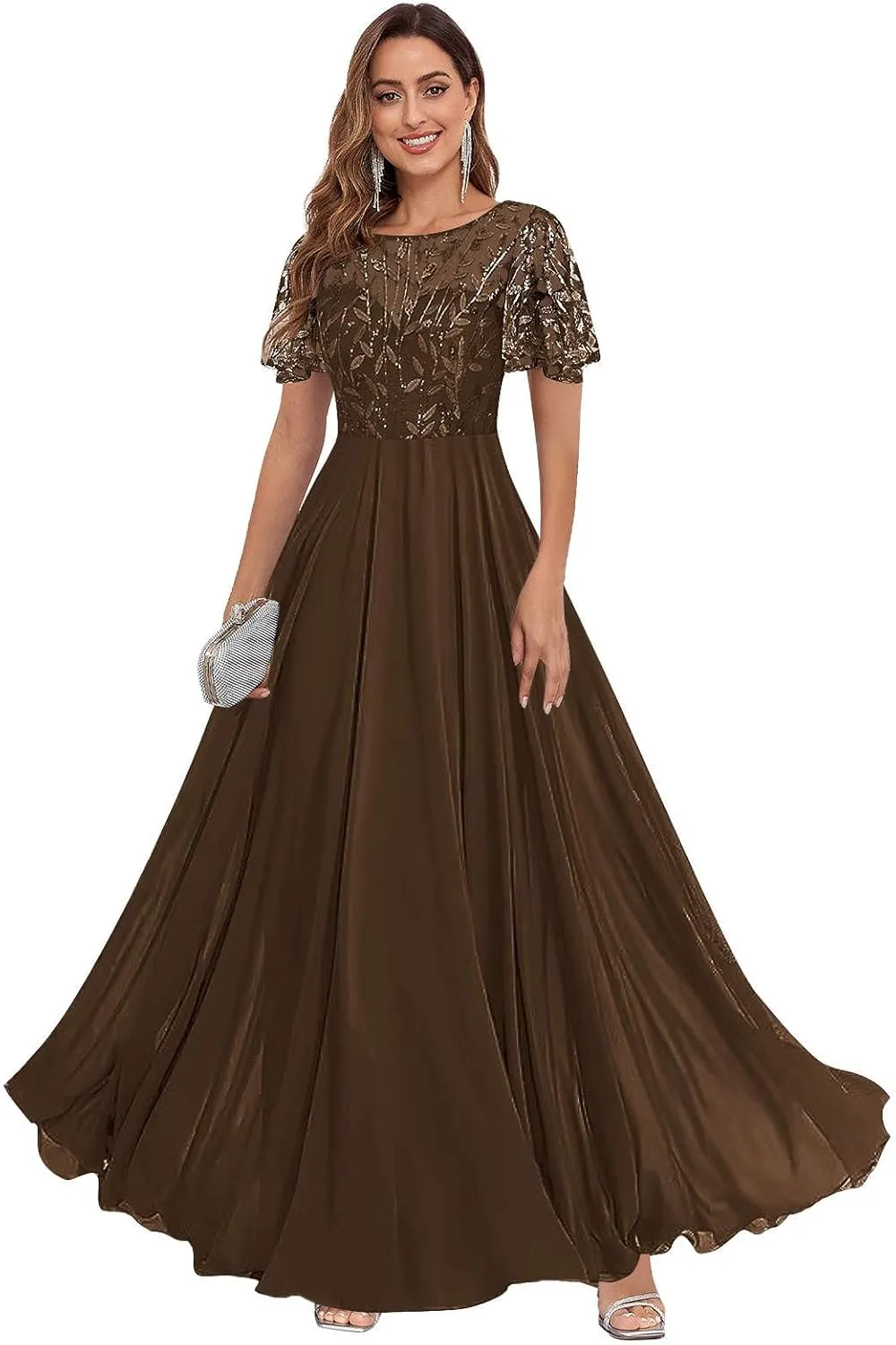 Women's Sequin Lace Mother of The Bride Dresses for Wedding Short Sleeve Formal Evening Gowns with Pockets
