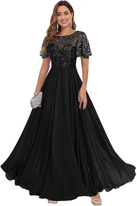 Women's Sequin Lace Mother of The Bride Dresses for Wedding Short Sleeve Formal Evening Gowns with Pockets