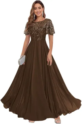 Women's Sequin Lace Mother of The Bride Dresses for Wedding Short Sleeve Formal Evening Gowns with Pockets