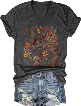Women's T-Shirts V-Neck Dragonfly Tee Cute Summer Graphic Shirts Vintage Boho Flowers Short Sleeve T Shirt