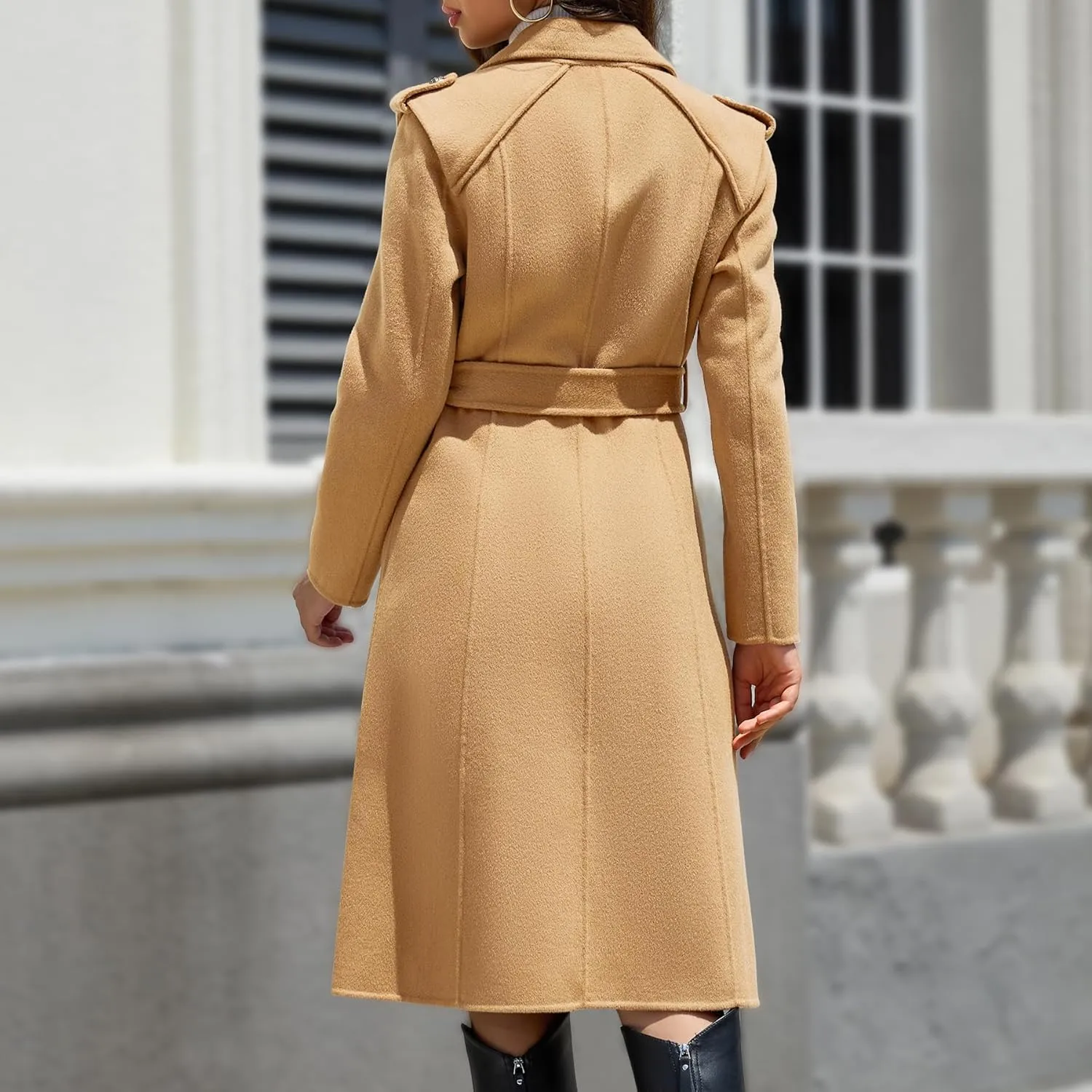 Womens Winter Superior 70% Wool Coat, Notch Lapel Double Breasted Classy Long Wool Blend Wrap Coats with Belt