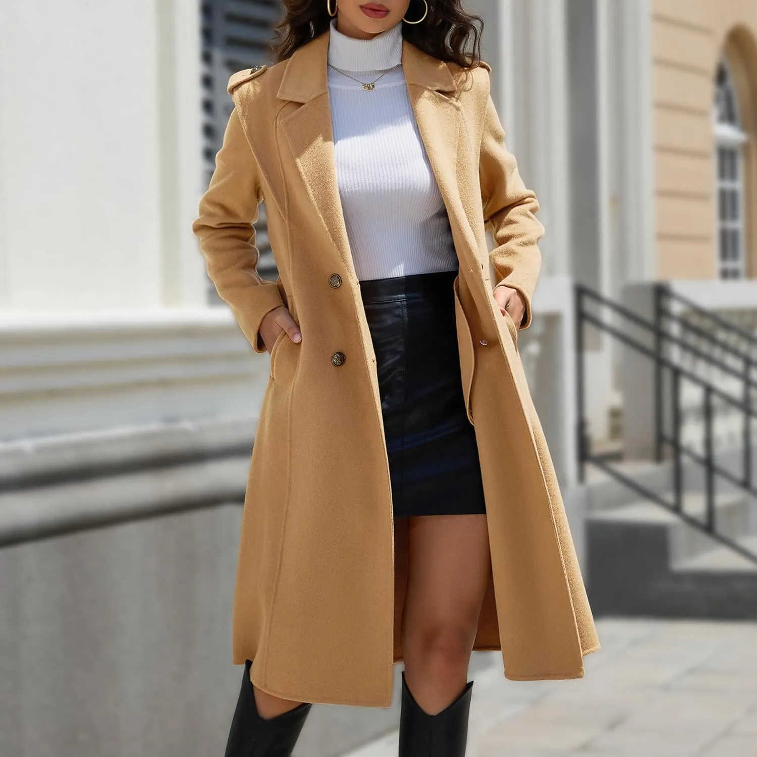 Womens Winter Superior 70% Wool Coat, Notch Lapel Double Breasted Classy Long Wool Blend Wrap Coats with Belt
