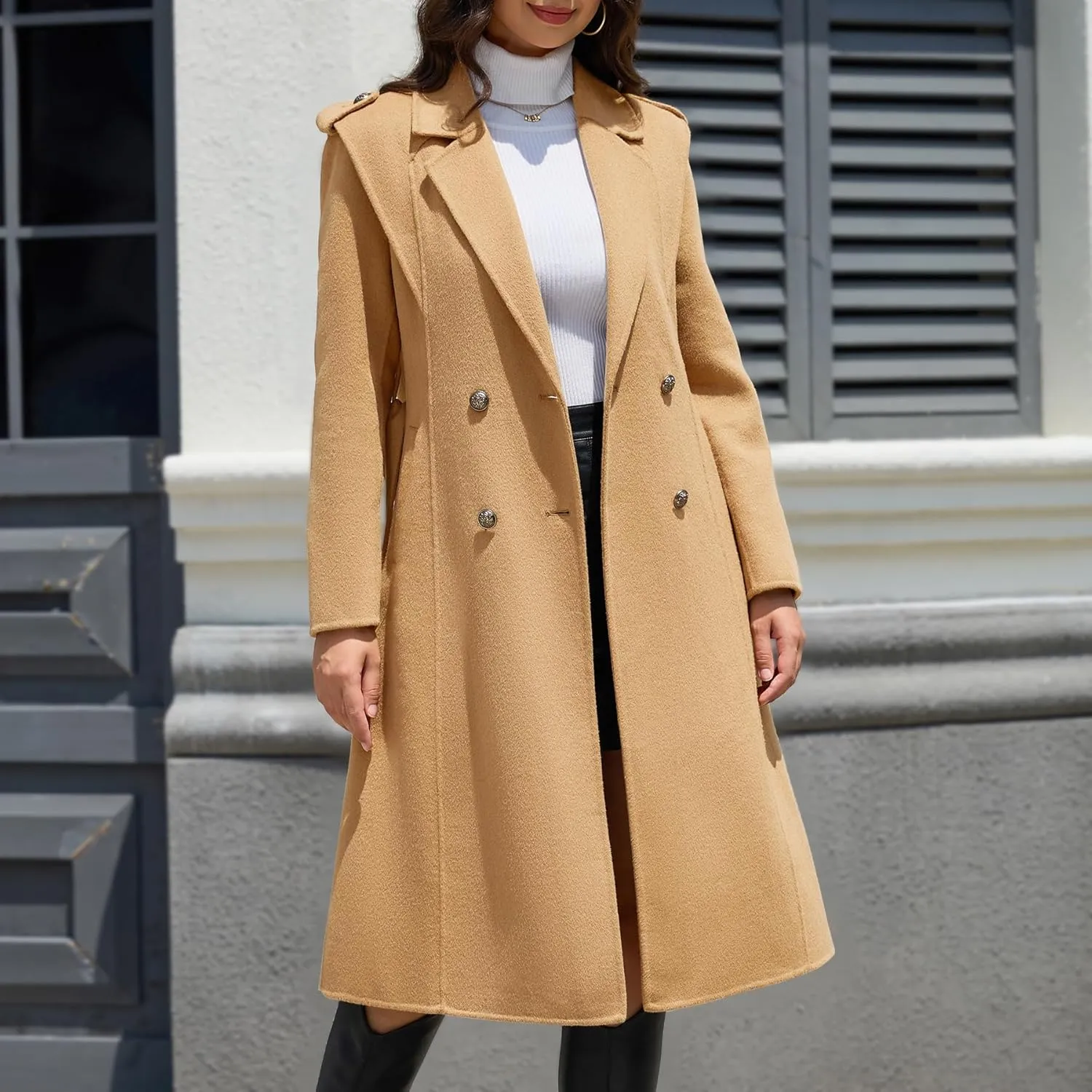 Womens Winter Superior 70% Wool Coat, Notch Lapel Double Breasted Classy Long Wool Blend Wrap Coats with Belt