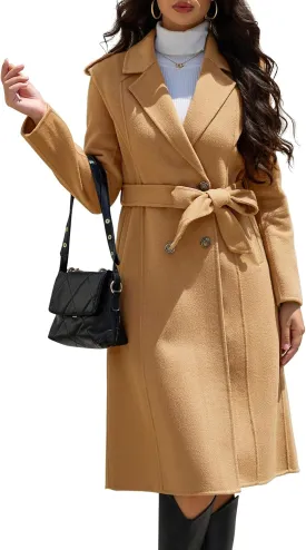 Womens Winter Superior 70% Wool Coat, Notch Lapel Double Breasted Classy Long Wool Blend Wrap Coats with Belt