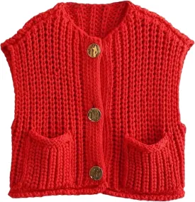 Yimoon Sweater Vest Women Sleeveless Cropped Button Down Chunky Knit Cardigan Casual Knitted Sweater Vest with Pockets