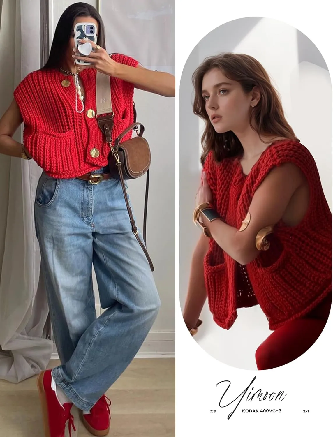 Yimoon Sweater Vest Women Sleeveless Cropped Button Down Chunky Knit Cardigan Casual Knitted Sweater Vest with Pockets